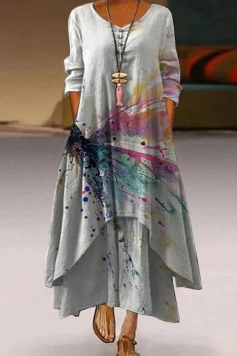 Fashion Elegant Butterfly Print Long Sleeve Retro  Casual Dress