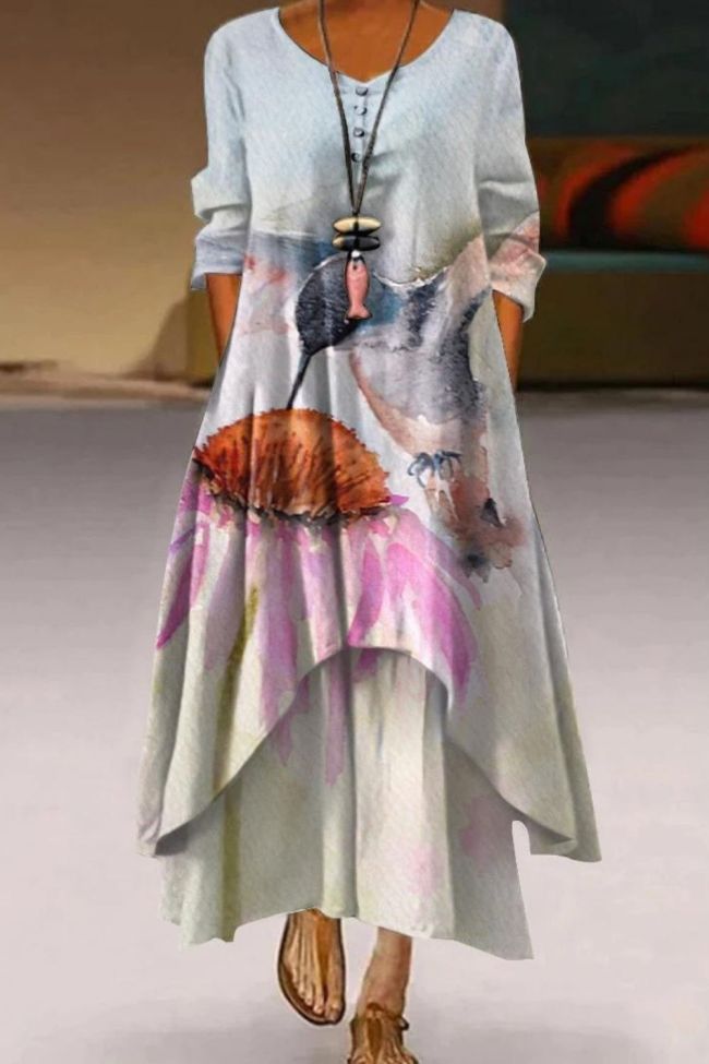 Retro Women's Casual Holiday Print Simple Long Sleeve  Maxi Dress