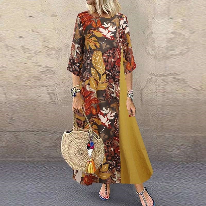 Summer Women Retro Floral Print Fashion Patchwork Casual Chic Maxi Dress