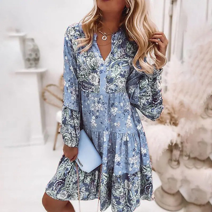 Vintage Floral Print Bell Sleeve Ruffle Oversized Party Casual V Neck Wedding Guest Dress