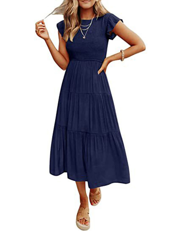 Fashion Pleated Ladies Party Flying Sleeves Casual A-Line Maxi Dress