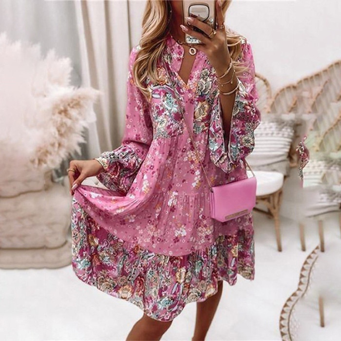 Vintage Floral Print Bell Sleeve Ruffle Oversized Party Casual V Neck Wedding Guest Dress