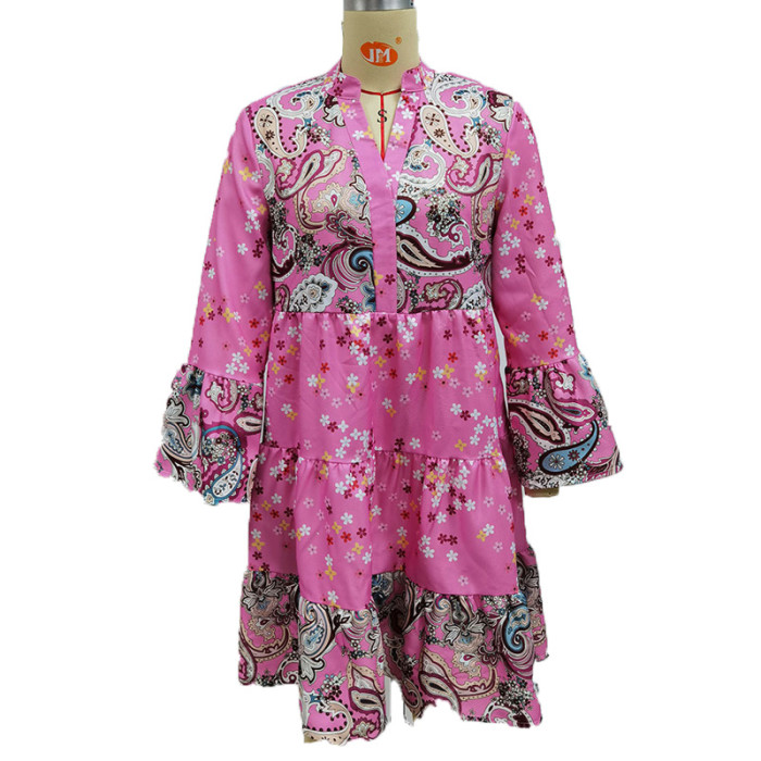 Women's Fashion Floral Print Casual Chic Elegant V Neck Long Sleeve Dress