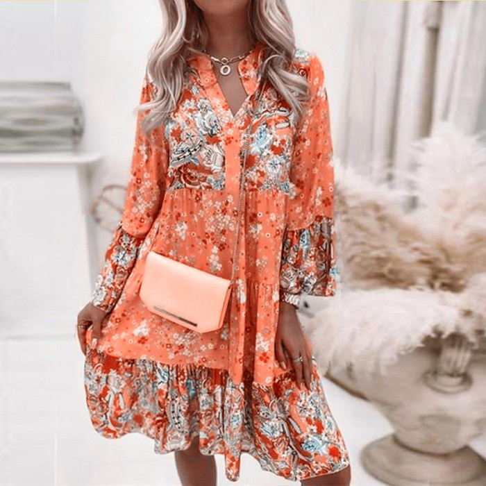 Vintage Floral Print Bell Sleeve Ruffle Oversized Party Casual V Neck Wedding Guest Dress