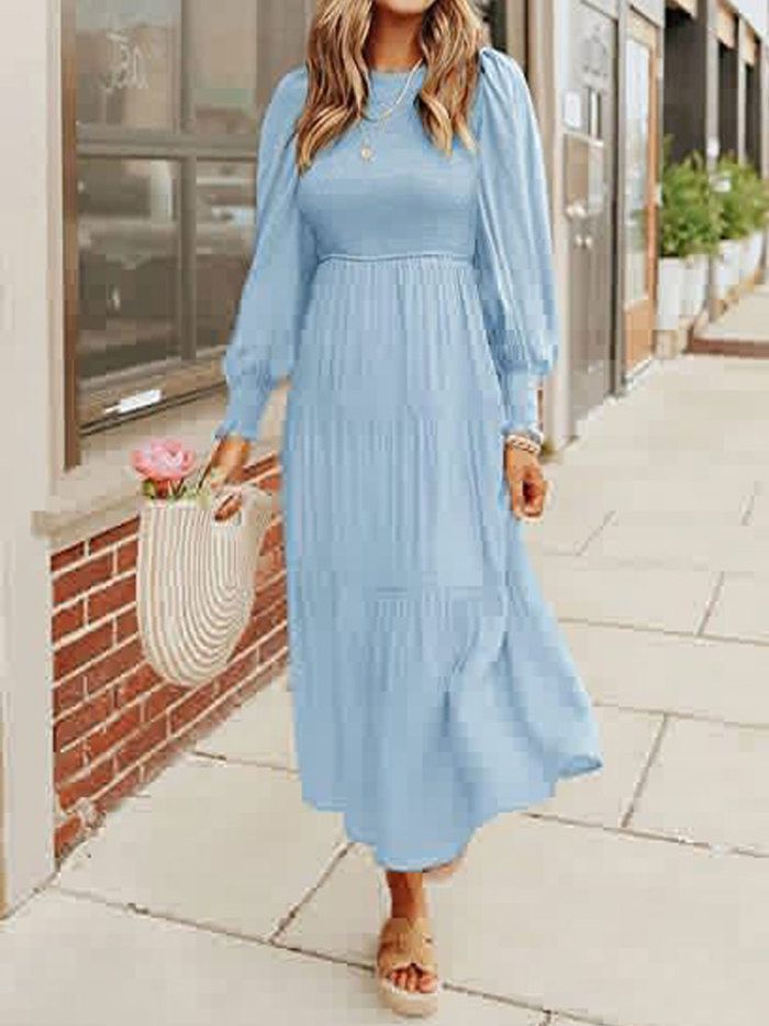 Fashion Pleated Ladies Party Flying Sleeves Casual A-Line Maxi Dress