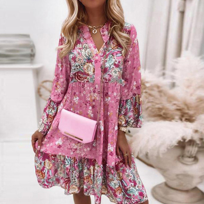 Vintage Floral Print Bell Sleeve Ruffle Oversized Party Casual V Neck Wedding Guest Dress