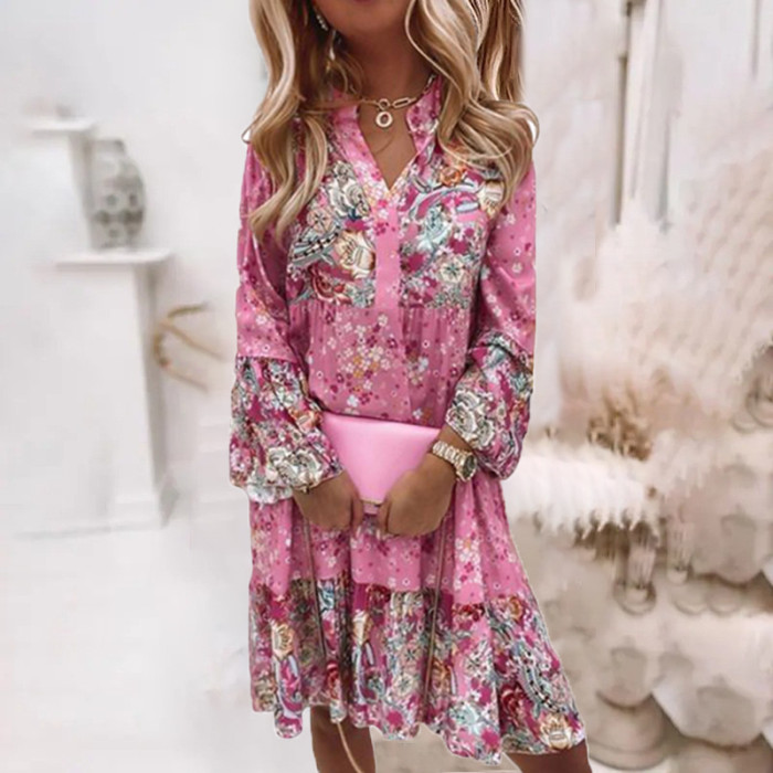Vintage Floral Print Bell Sleeve Ruffle Oversized Party Casual V Neck Wedding Guest Dress