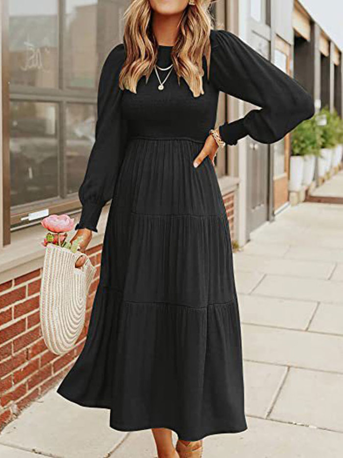 Fashion Pleated Ladies Party Flying Sleeves Casual A-Line Maxi Dress