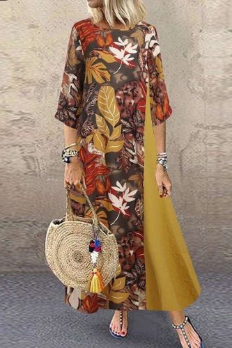 Summer Women Retro Floral Print Fashion Patchwork Casual Chic Maxi Dress