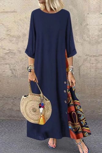 Retro Solid Color O-Neck Panel Print Loose Casual Long Dress