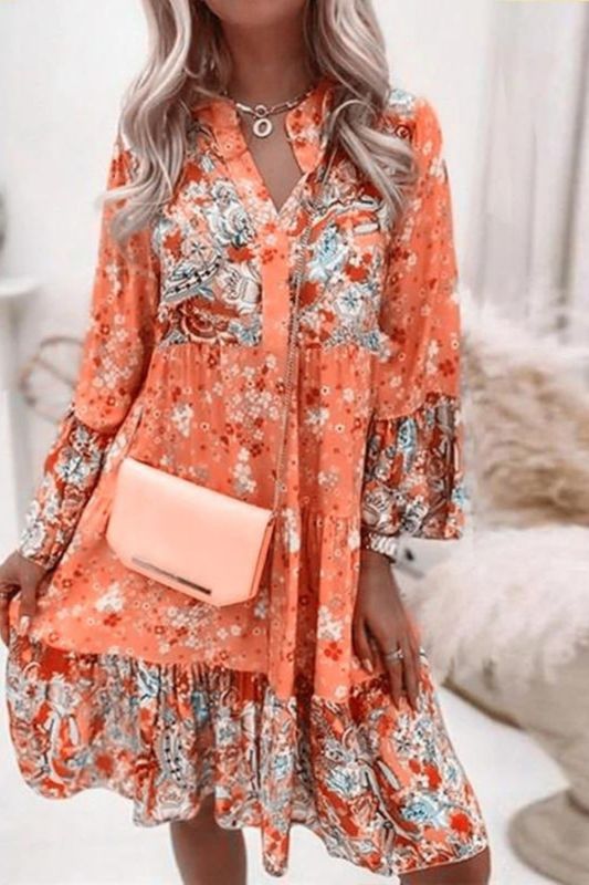 Vintage Floral Print Bell Sleeve Ruffle Oversized Party Casual V Neck Wedding Guest Dress
