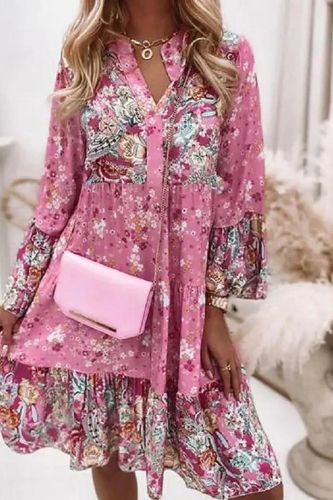Women's Fashion Floral Print Casual Chic Elegant V Neck Long Sleeve Dress