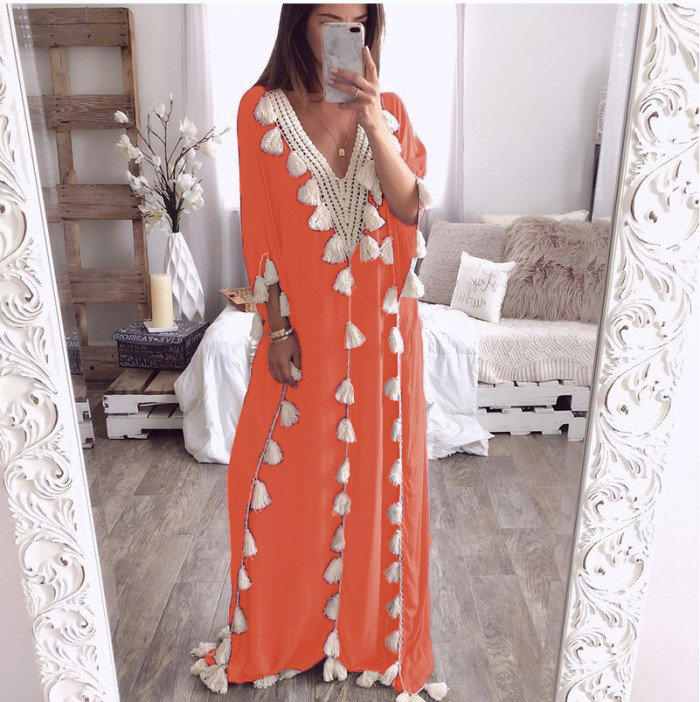 Women's Loose Tassel Ruffle Elegant Casual  Maxi Dress