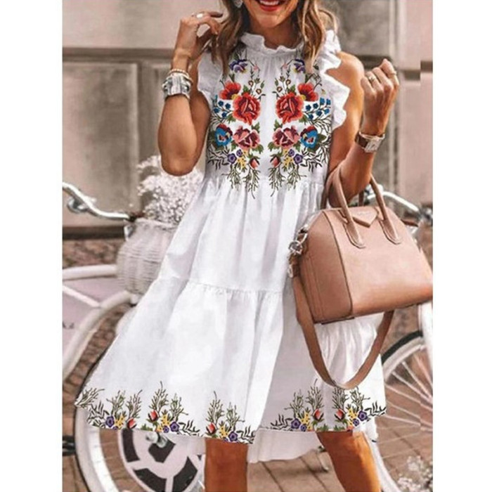 Sexy Sleeveless Floral Print Ruffle Loose Bohemian Casual Dress