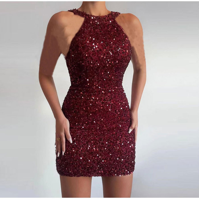 Off Shoulder Elegant Colorful Sequins Sleeveless Round Neck Party Wedding Guest Dress
