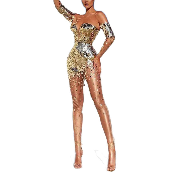 Fashion Sequin One Shoulder Deep V Sexy Evening Wedding Guest Dress