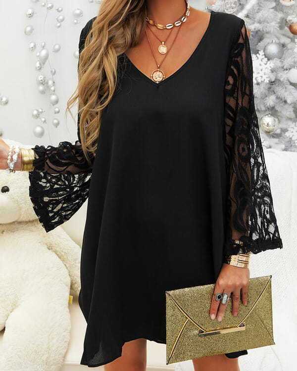 Fashion Lace Sleeves Sexy Solid Color Round Neck Casual Dress