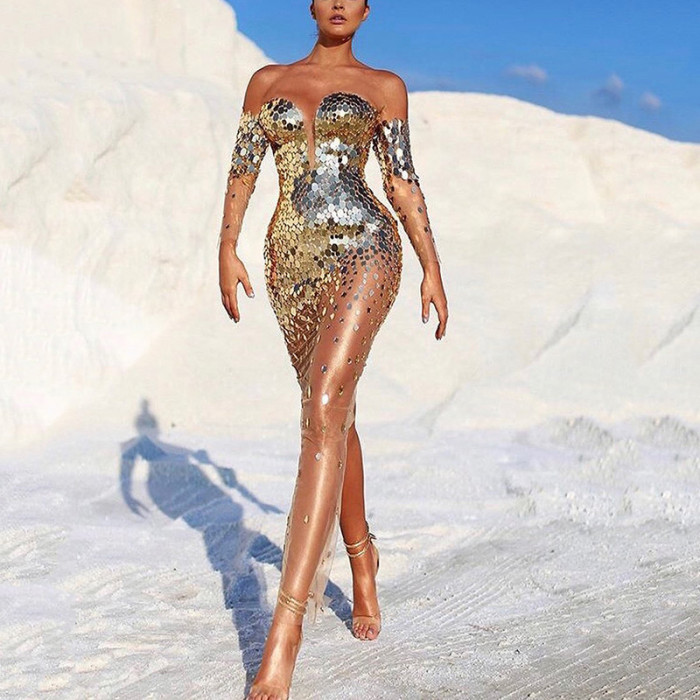 Fashion Sequin One Shoulder Deep V Sexy Evening Wedding Guest Dress