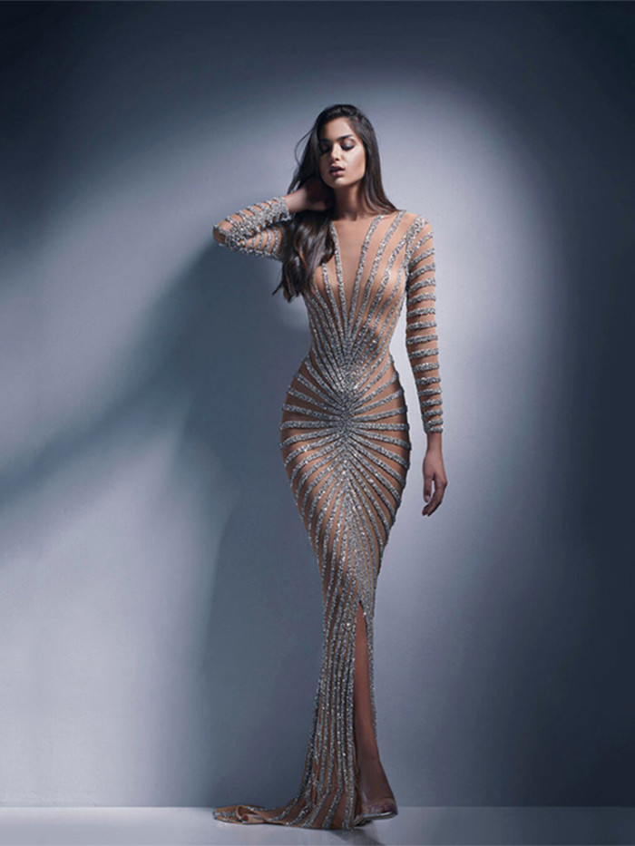 Sexy Mesh Sequin Slit Mermaid V Neck Elegant Party Wedding Guest Dress