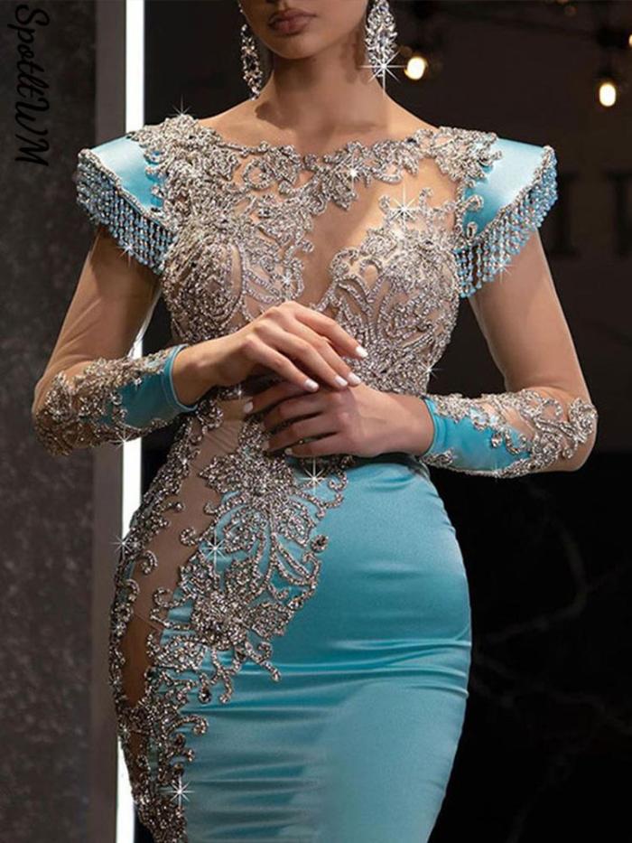 Sexy Mesh Sequin Mermaid Long Sleeve Fringe Round Neck Party Wedding Guest Dress