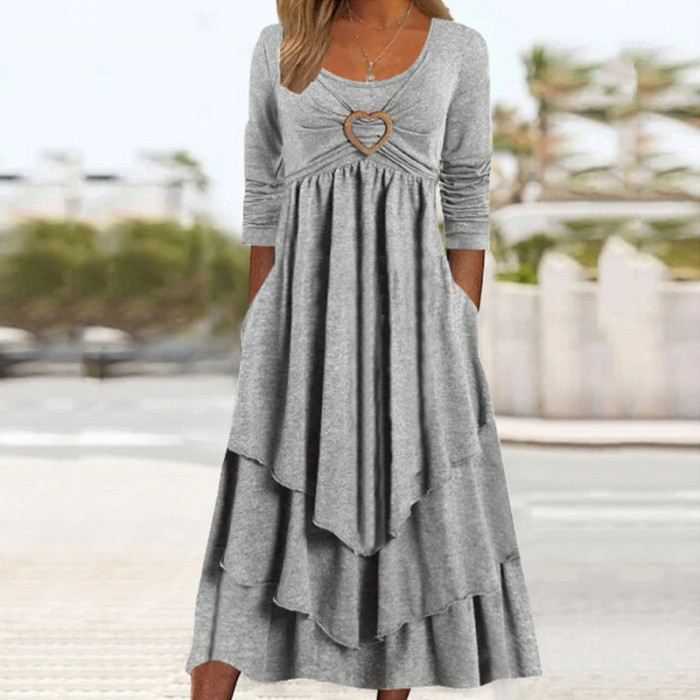 Fashion Party Round Neck Ruffle Cake Long Sleeves Solid Color Boho  Maxi Dress