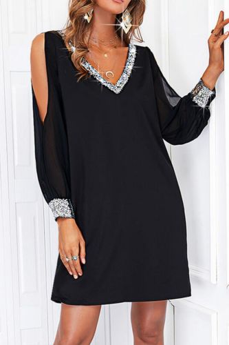 Fashion Elegant Evening Sequin Sexy Lace V Neck Long Sleeve Wedding Guest Dress