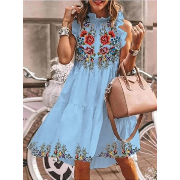 Sexy Sleeveless Floral Print Ruffle Loose Bohemian Casual Dress