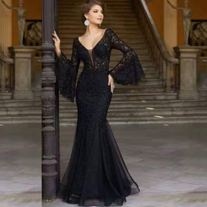 Elegant Party Mermaid Dress Lace Bell Sleeve V Neck Sheath Wedding Guest Dress