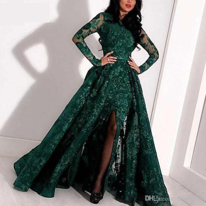 Fashion Mermaid Sexy Glitter Prom High Neck Embroidery Slit Evening Wedding Guest Dress