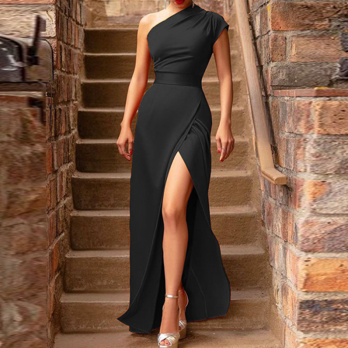 Sexy Slash Neck Party Solid Satin Bohemian Cutout Slit Wedding Guest Dress