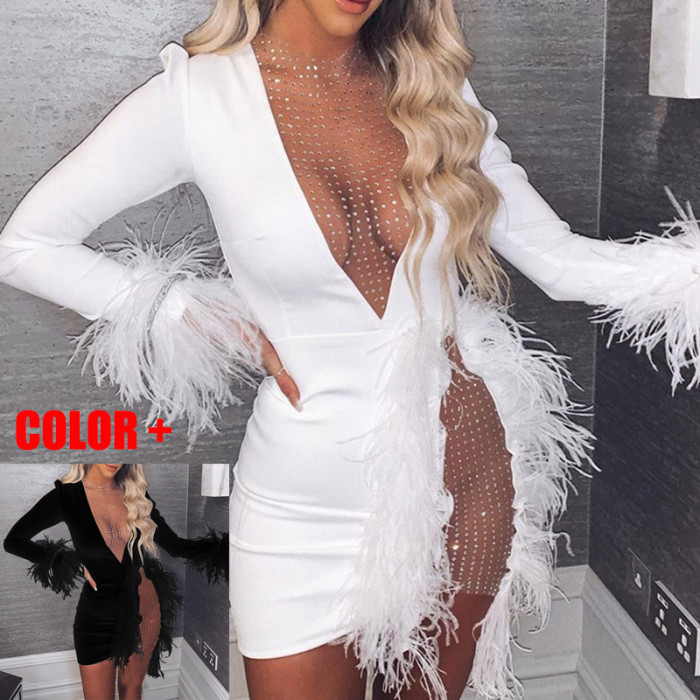Fashion Mesh Stitching Feather Decoration Slim Sexy Wedding Guest Dress
