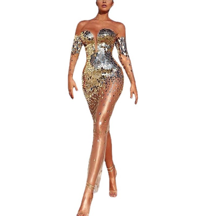 Fashion Sequin One Shoulder Deep V Sexy Evening Wedding Guest Dress