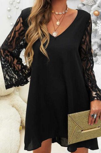 Fashion Lace Sleeves Sexy Solid Color Round Neck Casual Dress