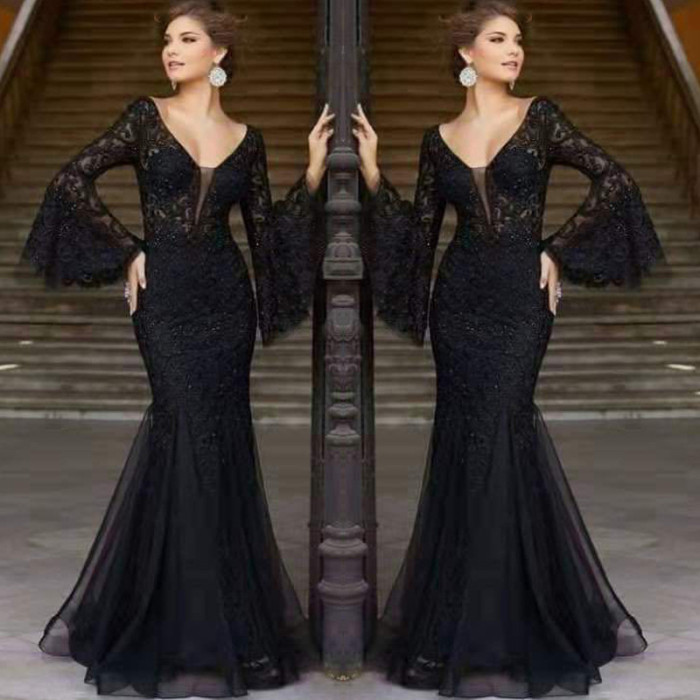 Elegant Party Mermaid Dress Lace Bell Sleeve V Neck Sheath Wedding Guest Dress