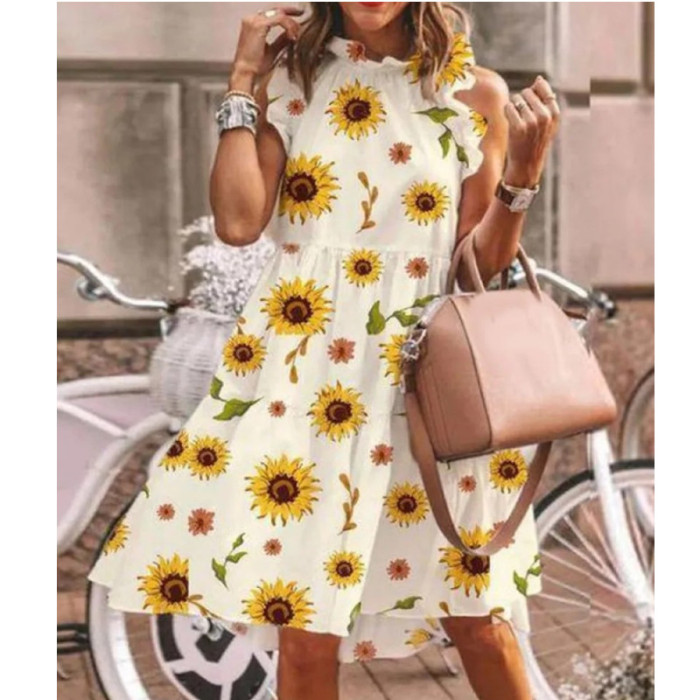 Sexy Sleeveless Floral Print Ruffle Loose Bohemian Casual Dress