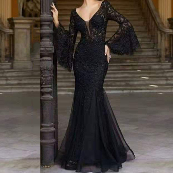 Elegant Party Mermaid Dress Lace Bell Sleeve V Neck Sheath Wedding Guest Dress