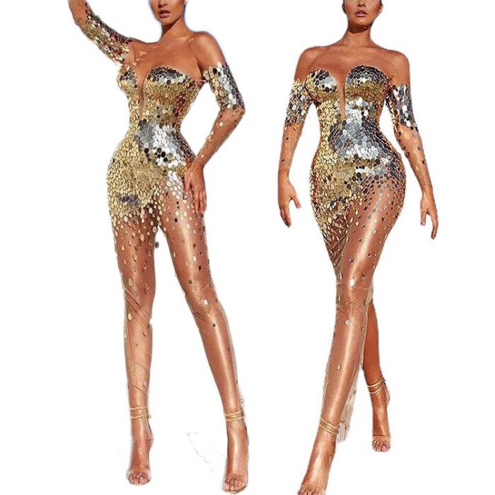 Fashion Sequin One Shoulder Deep V Sexy Evening Wedding Guest Dress