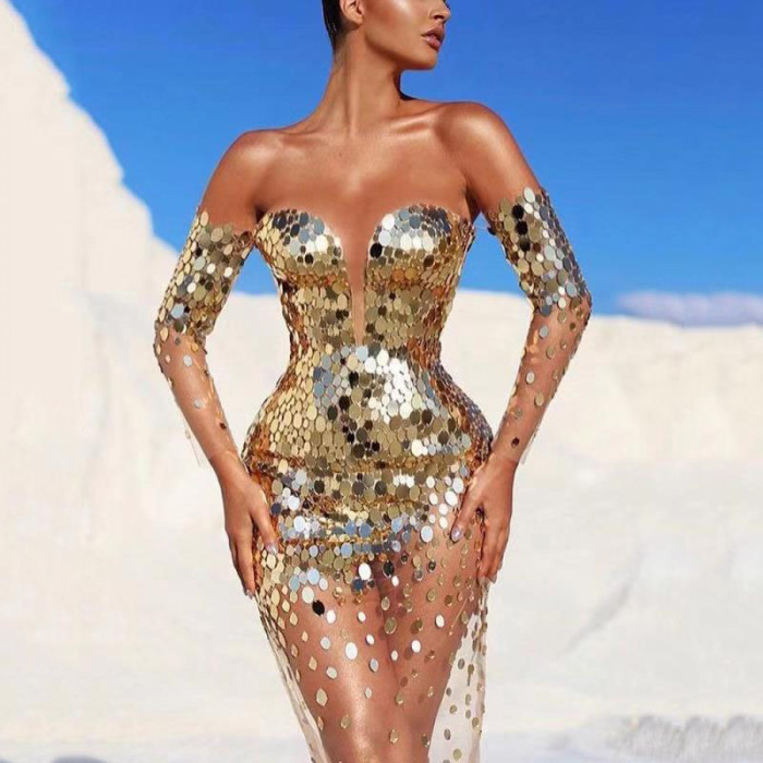 Fashion Sequin One Shoulder Deep V Sexy Evening Wedding Guest Dress