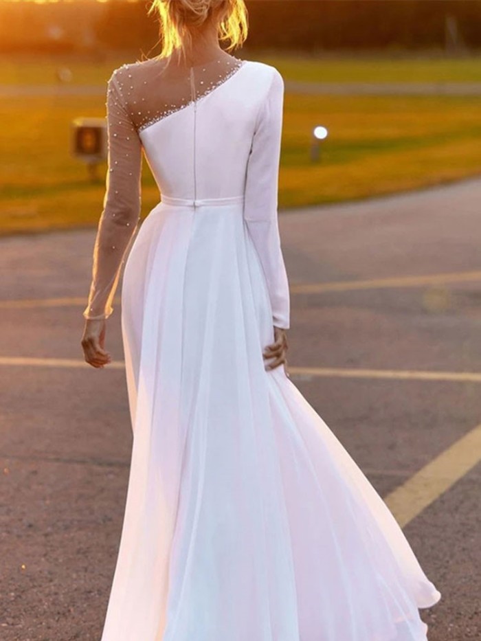 Fashion Mesh Long Sleeve Slit Elegant O-Neck Sequined Pleated Wedding Guest Dress