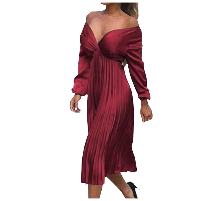 Fashion Sexy V-neck Elastic Waist Solid Pleated Elegant Dress