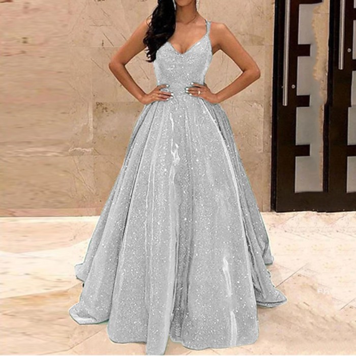 Elegant Sequined Sexy V-neck Party High Waist Wedding Guest Dress