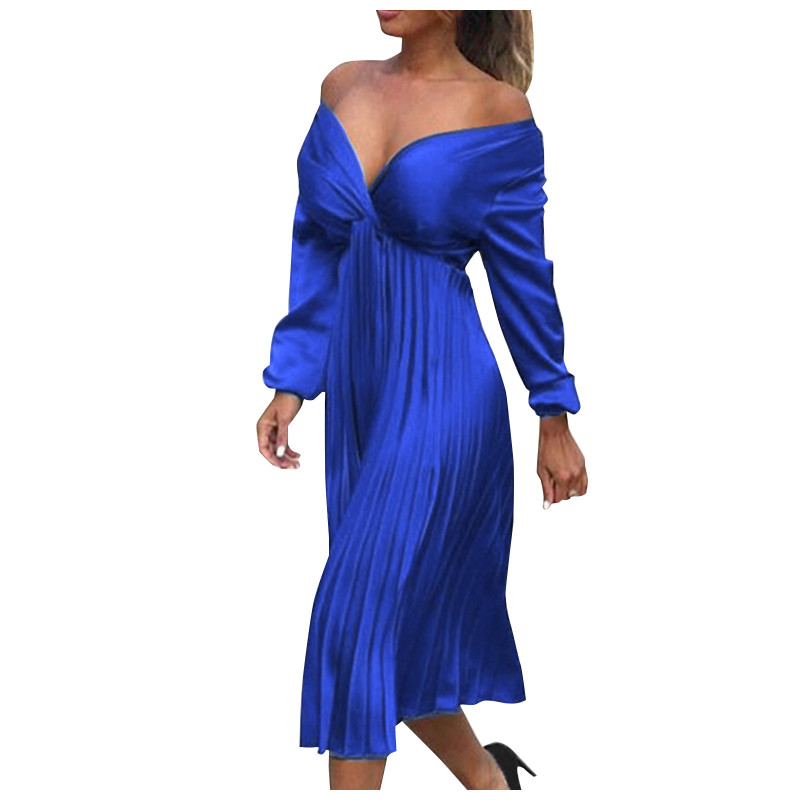 Fashion Sexy V-neck Elastic Waist Solid Pleated Elegant Dress