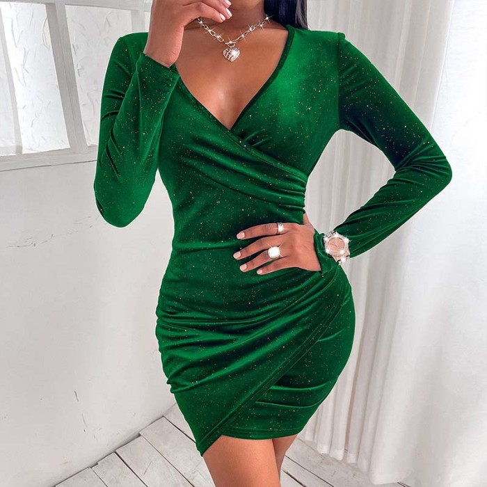 Sequin Velvet V Neck Velour Party Dress Bodycon Dress