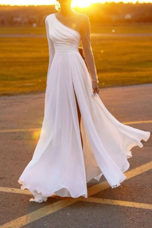Fashion Mesh Long Sleeve Slit Elegant O-Neck Sequined Pleated Wedding Guest Dress