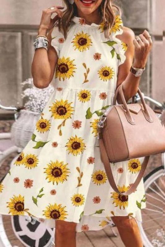 Sexy Sleeveless Floral Print Ruffle Loose Bohemian Casual Dress