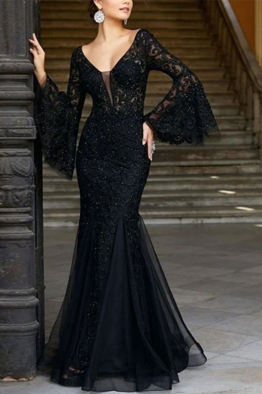 Elegant Party Mermaid Dress Lace Bell Sleeve V Neck Sheath Wedding Guest Dress