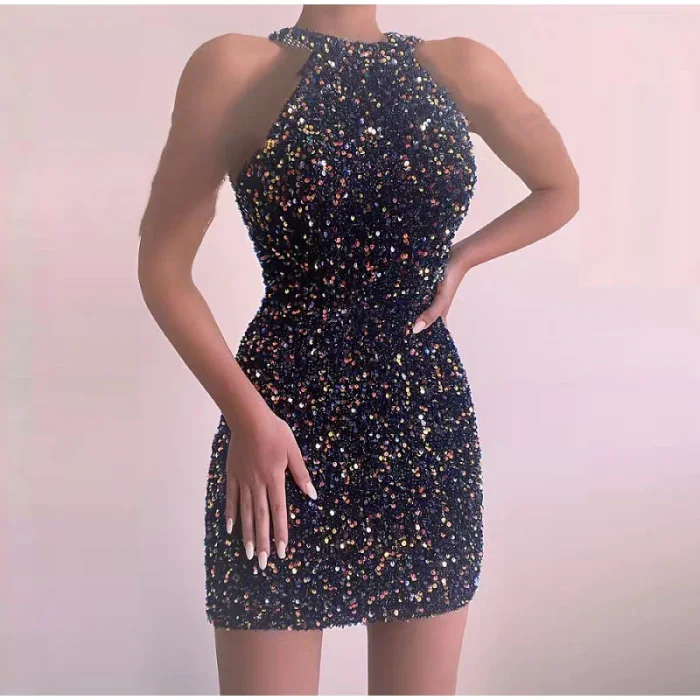 Off Shoulder Elegant Colorful Sequins Sleeveless Round Neck Party Wedding Guest Dress