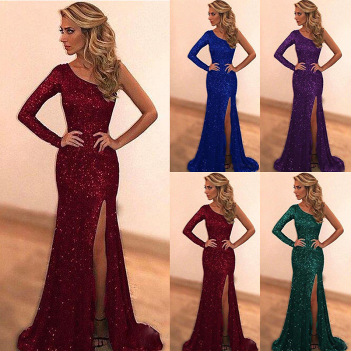 Women Sexy One Shoulder Prom Gown Fashion Sequined Party Dress