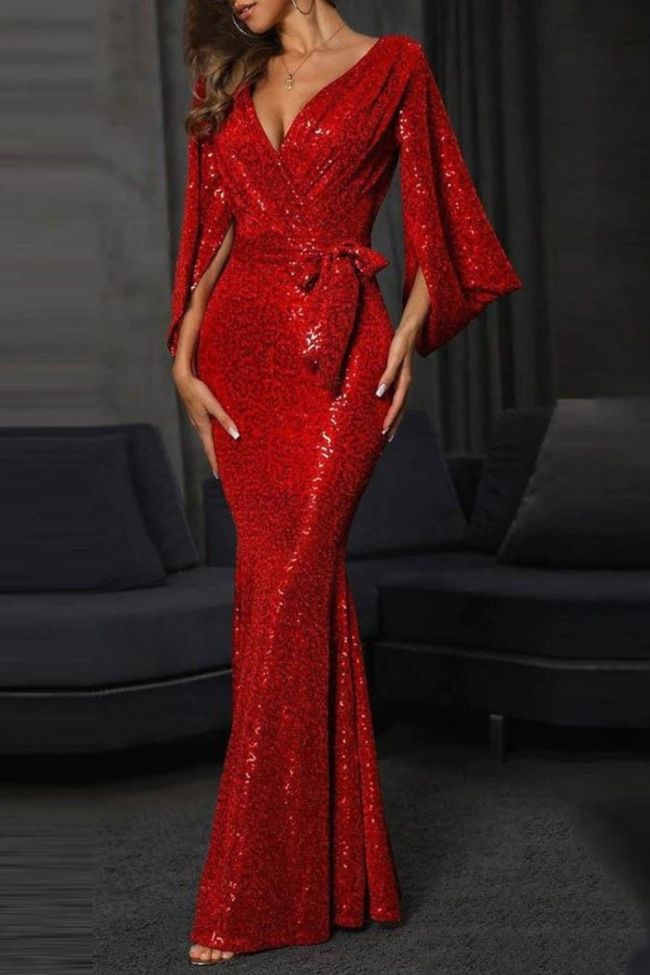 Ladies Sexy Sequin Party Drape Fashion Solid Color  Wedding Guest Dress