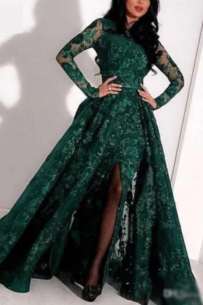 Fashion Mermaid Sexy Glitter Prom High Neck Embroidery Slit Evening Wedding Guest Dress